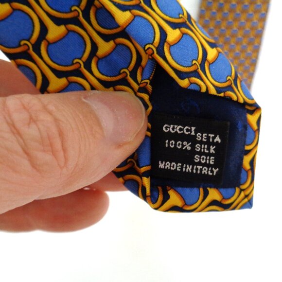GUCCI men's 100% silk tie horsebit pattern Blue & Gold 59" Made in Italy - Picture 8 of 9